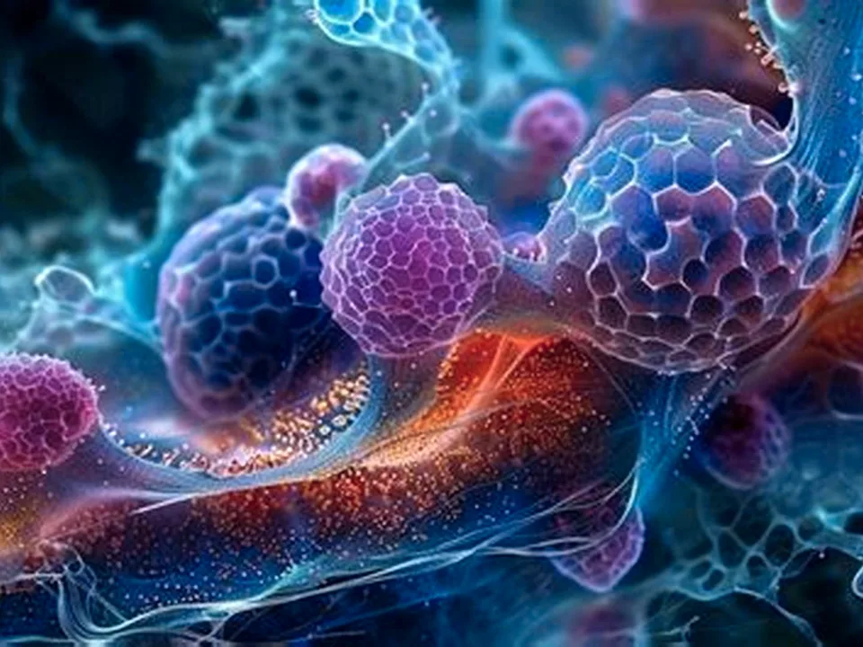 Editorial illustration of cellular vitality and DHEA pathways