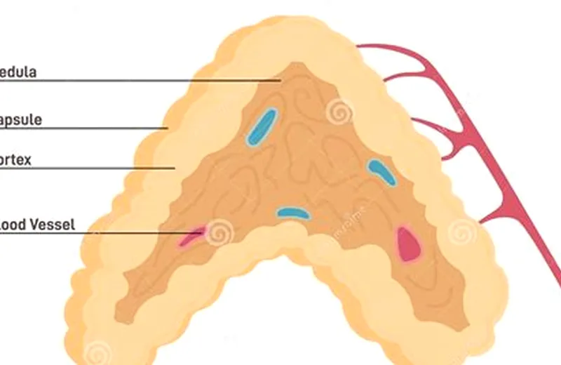 Anatomical illustration of the adrenal glands above the kidneys